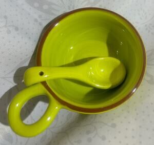 Cute TAG ceramic glazed condiment serving bowl & spoon - bright green